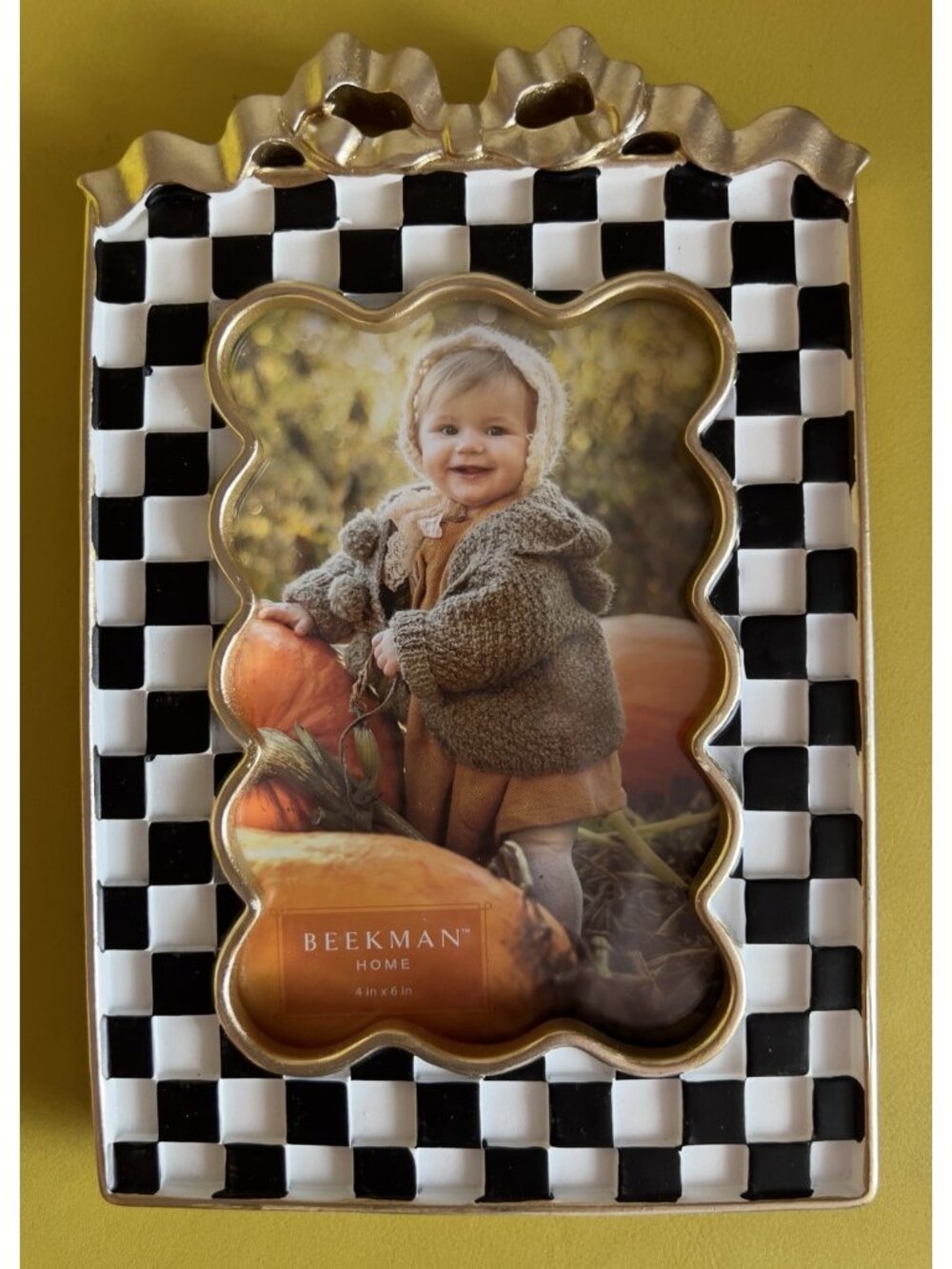 Scalloped 4 X 6 Photo Frame COURTLY CHECK Black White Gold Bow Portrait Acrylic